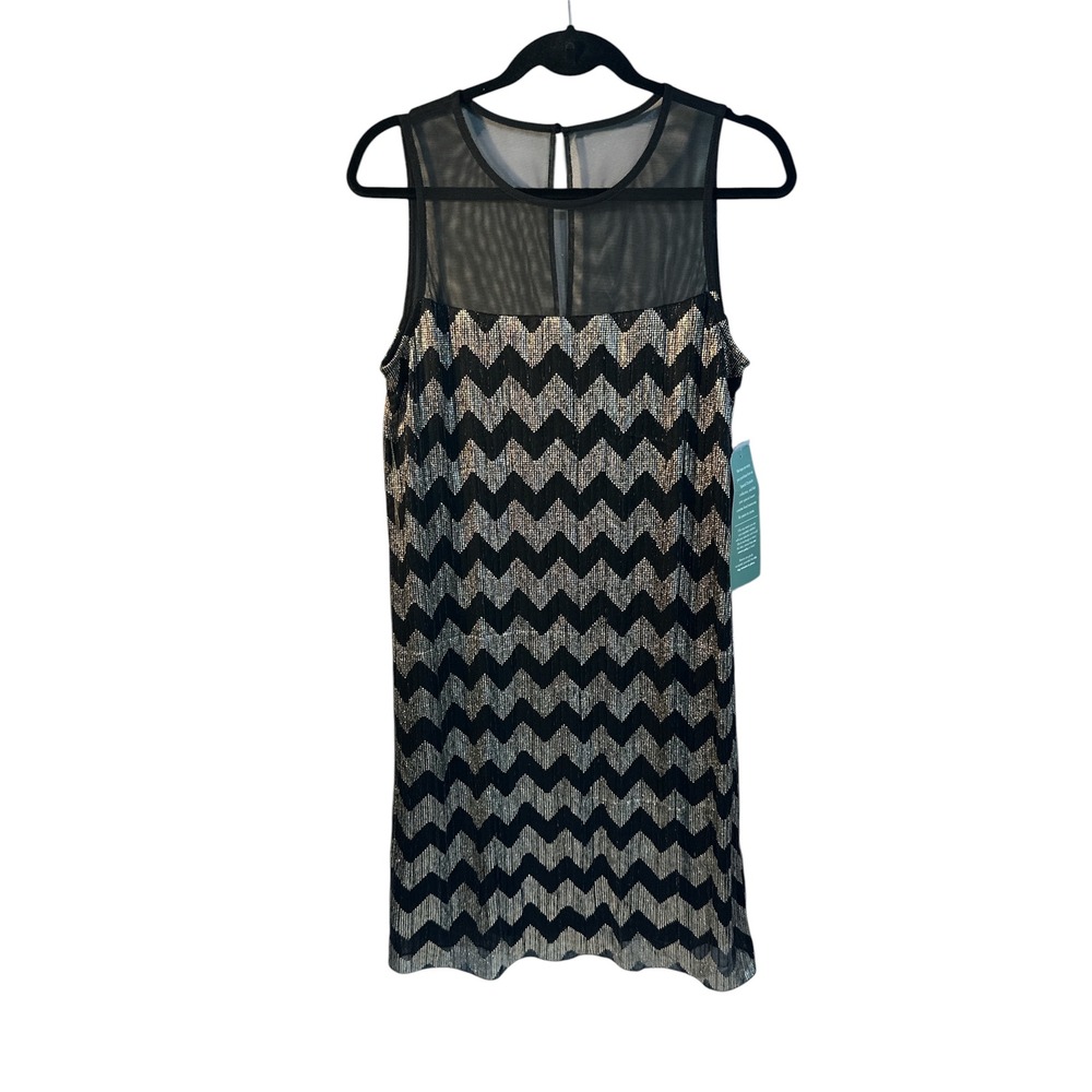 NWT, RN Studio by Ronni Nicole‎ Metallic Chevron Cocktail Dress Black Gold